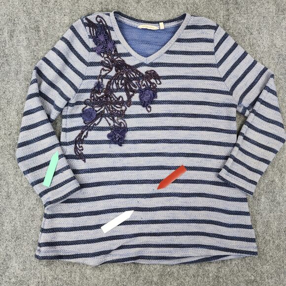 Soft Surroundings Sweater Womens Petite Large Blue Stripe Floral Embroidered Top - Picture 11 of 16